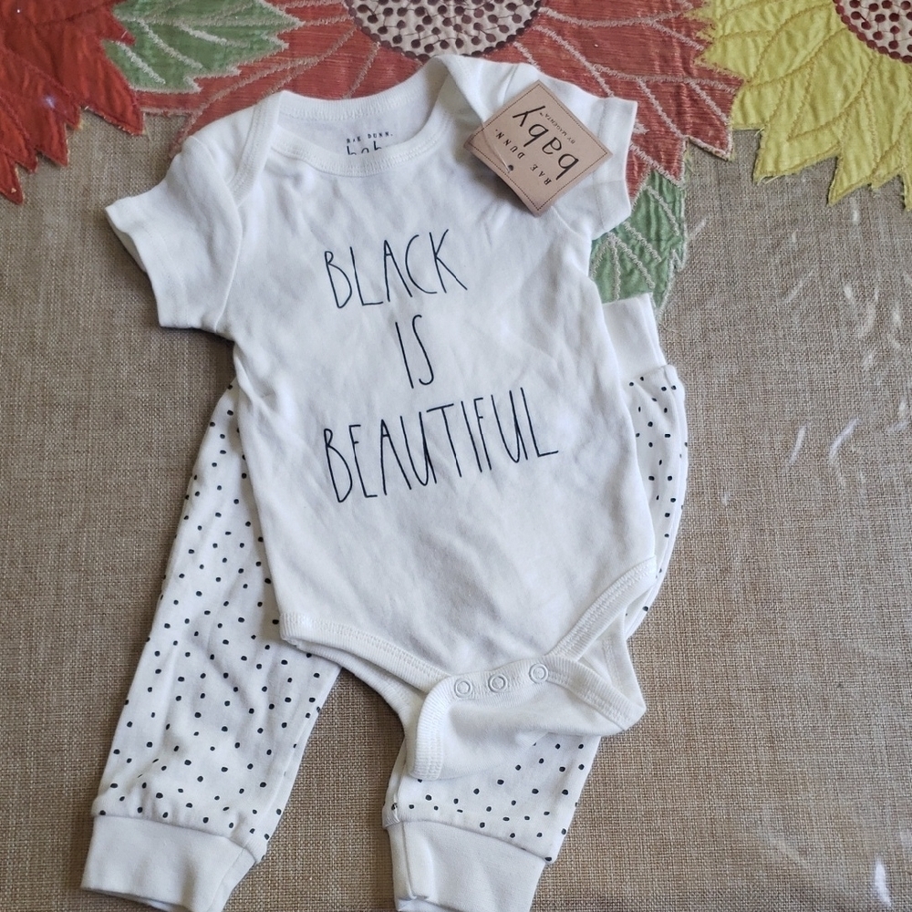 Rae Dunn White And Black Dots Baby Onesie and Pants Set 3-6mos.